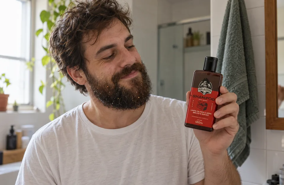 Tirar purpurina da barba: homem no banheiro com glitter na barba segurando o Shampoo para Barba Barba Negra Don Alcides