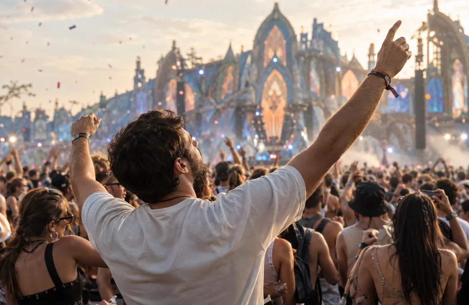 Tomorrowland Brasil: homem de braços levantados na multidão de um festival de música eletrônica, com o palco ao fundo