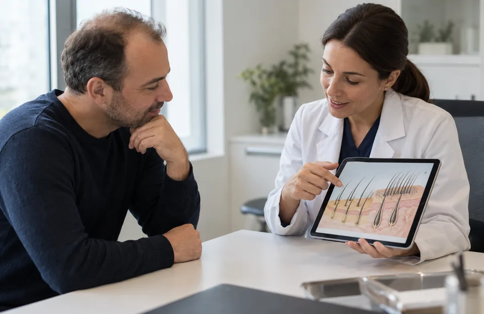 Transplante capilar masculino: médica mostrando no tablet uma ilustração do couro cabeludo a um paciente com entradas