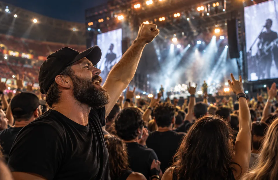Turnê Red Hot Chili Peppers Brasil: homem barbudo de boné cantando com o punho erguido na plateia de um show de rock num estádio